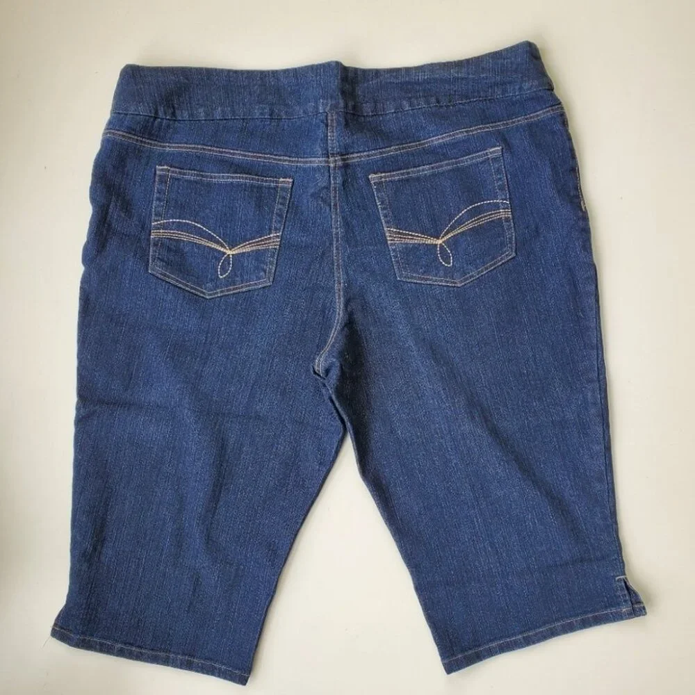 Long flat front pull on stretch jean shorts jorts